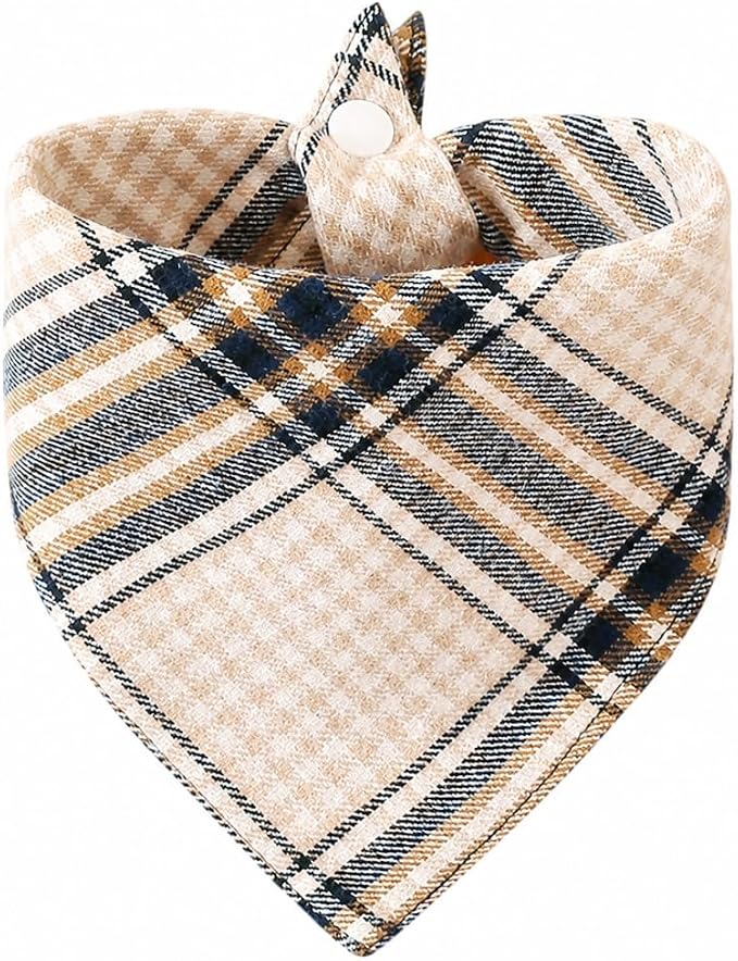 Dog Bandana Beige and Navy Blue Plaid for Pets - Soft & Comfortable, Machine Washable, Adjustable Size,Medium