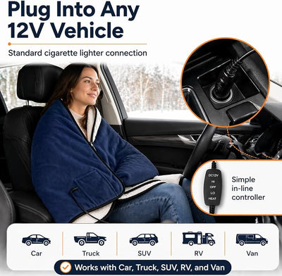 Sojoy 12V Heated Car Blanket with Zipper Wearable Design, Flannel Sherpa Electric Blanket for Car Truck SUV RV Van, Portable Heated Shawl, Navy Blue