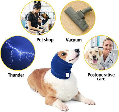 Dog Head Wrap - No Shake Quiet Ears for Dogs Anxiety Relief, Original Ear Covers Pet Calming Hoodie for Thunder, Lightning, Fireworks, Vet Visits, Grooming, High Stretch Ribbed Fabric, Blue M