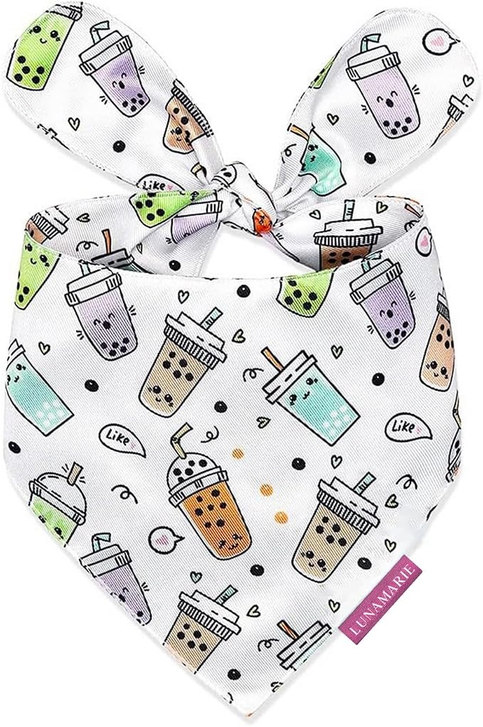 LunaMarie - Luxury Pet Birthday Bandanas -Premium & Silky Poly Fabric | 100% Handmade | Custom Shape Dual Layered (Boba, Large)