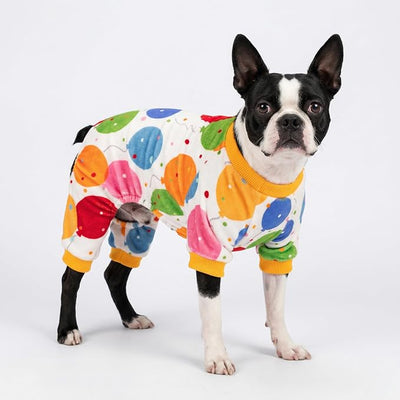 Fitwarm Balloon Dog Fleece Pajamas, Birthday Outfit for Small Dogs Boy Girl, Cozy Pet Onesie with Feet, White, Yellow, Red, Blue, Green, Large