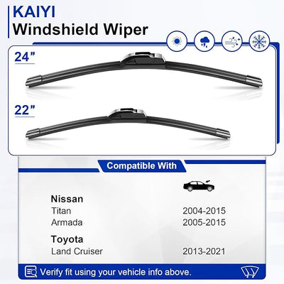 KAIYI 24" + 22" Windshield Wipers Compatible with Nissan Titan 2004-2015,Toyota Land Cruiser 2013-2021,Nissan Armada 2005-2015 Premium Automotive Replacement Windshield Wiper Blades 2 Pack