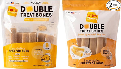 Ultra Chewy Double Treat Bones: Long-Lasting Treats Made in USA for Large and Small Breeds, Highly Digestible, for Aggressive Chewers (Peanut Butter and Chicken Flavor, 2 Packs)