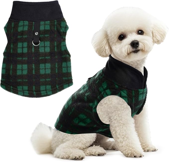 1 PC Plaid Dog Sweaters with Leash Ring Soft Fleece Vest Dogs Pullover Warm Jacket Pet Dogs Clothes Winter Dog Outfits for Small Puppy Cat Pets (Green and Black, Large)