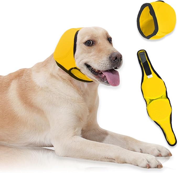Dog Ear Covers,Dog Ear Muffs Noise Protection,No Flap Ear Wrap for Dogs Hematoma Recovery,Adjustable Calming Hoodie Shower Cap for Grooming,Bathing,Swimming & Anxiety Relief(Yellow,S)