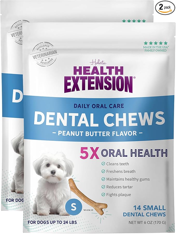 Health Extension Peanut Butter Dental Bones for Dogs, 14 Small Bones, Healthy Gums, Freshens Breath, Cleans Teeth, Training or Reward 6 oz Bag (Pack of 2)