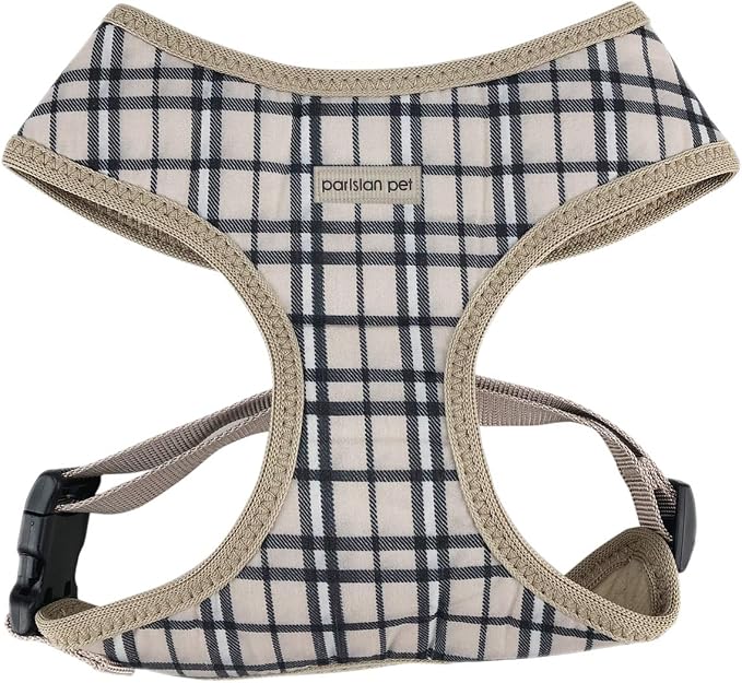 Parisian Pet Plaid Khaki Dog Harness - Breathable No Pull Puppy Harness with Leash Ring - Adjustable Harnesses for Dogs - Soft Padded Step-in Pet Vest - Lightweight Dog Vests for Medium Sized Dogs