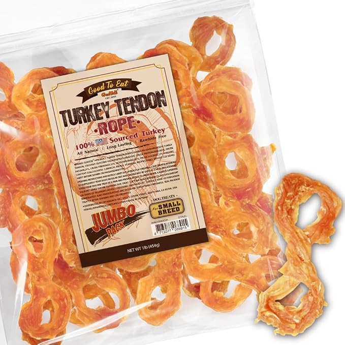 Turkey Tendons for Dogs – All-Natural, Hypoallergenic Dog Treats, Rawhide Alternative, Long Lasting Puppy Chews, Healthy Dog Treats for Small Breeds, Rope (S), 1 lb