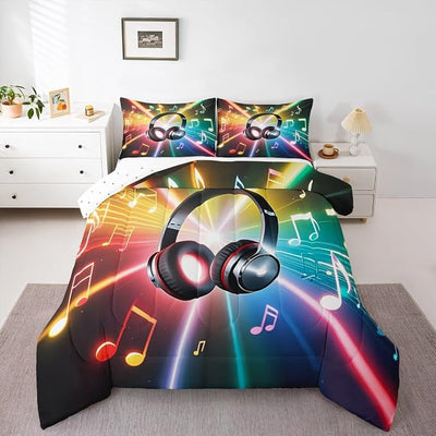 Erosebridal Headphone Comforter Set, Musical Note Hipster Bedding Set for Kids Boys Girls Teens, Rock Hip Hop Grunge Style Duvet Set Headset Bling Bedding Comforters Bedroom Decor, Full Size