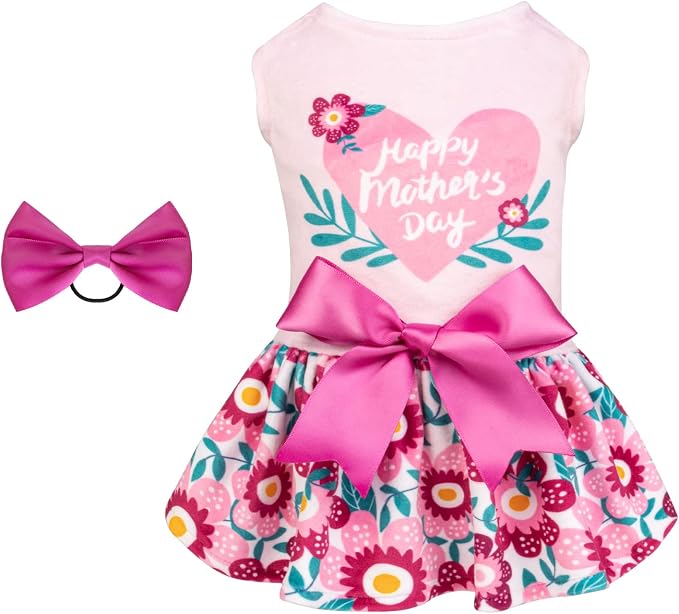 Happy Mother's Day Dog Dress Velvet for Small Dogs Girl Floral Skirt Pink Puppy Dresses Dog Clothes