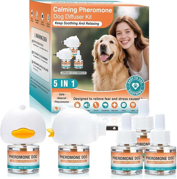 Dog Calming Pheromones Diffuser to Calm Pet 5 in 1 Advanced Kit Appeasing Pheromone Diffuser for Anxiety Relief (2 Plug in+3 Pack 48ml Refill) Reduce Aggression Fighting Barking Stress (Ocean)
