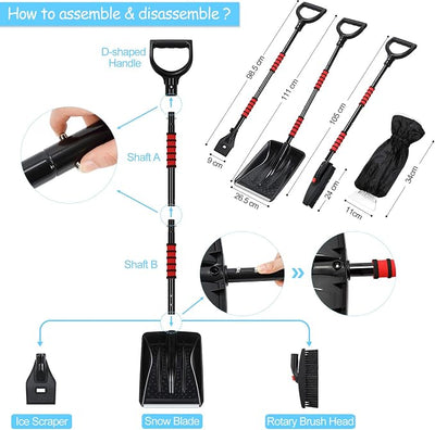 Snow Shovel Kit Removal Tools - 5 in 1 Foldable Car Snow Shovel + Snow Brush + Ice Scraper + Glove + Mini Ice Scraper, Portable Emergency Snow Remover Shovel Set for Car Truck Camping Outdoor