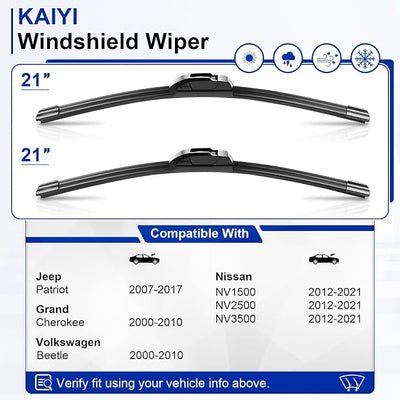 KAIYI 21" + 21" Windshield Wipers Compatible with Jeep Patriot 2007-2017,Grand Cherokee 2000-2010,Nissan NV1500/NV2500/NV3500 2012-2021 Premium Automotive Replacement Windshield Wiper Blades 2 Pack