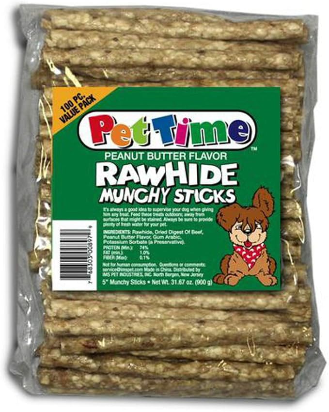 Premium Grade Rawhide for Dogs, Long-Lasting Munchy Sticks, Single-Ingredient Dog Chews, Peanut Butter Flavor, 5-Inch, 100 Count