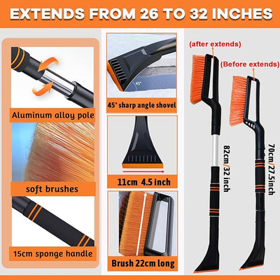 32 Inch Snow Brush - Aluminum Car Snow Scraper and Brush for Cars Windshield with Ergonomic Foam Grip for Snow Removal, Detachable Ice Scraper for Car