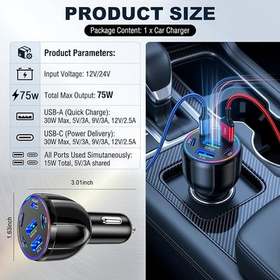 2026 Upgraded 6 Port Car Charger USB C & USB A,75W Fast Car Charger Adapter for Super/PD30W/PD/3.1A,12V/24V Cars Cigarette Lighter Chargers Cars Chargers Port for Phones,Tablets