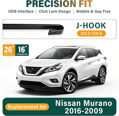 Windshield Wiper Blades Replacement for Nissan Murano 2009 2010 2011 2012 2013 2014 2015 2016 Original Factory Quality Front Rear Wiper Blade Set - 26" 16" 12" (Set of 3)