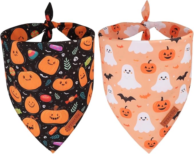 PTDECOR Halloween Dog Bandana, Pumpkin Ghost Design Reversible Holiday Pet Scarf, Black Yellow Halloween Bandanas for X-Large Dogs Pets(X-Large)