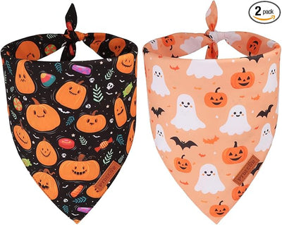 PTDECOR Halloween Dog Bandana, Pumpkin Ghost Design Reversible Holiday Pet Scarf, Black Yellow Halloween Bandanas for Medium Large Dogs Pets (Large)