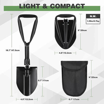 REDCAMP 18" Mini Survival Folding Camping Shovel with Cover, Manganese Steel Tri-Fold Handle Portable Tactical Shovel for Hiking, Beach, Mud, Snow, Lightweight 1.5Lbs Black
