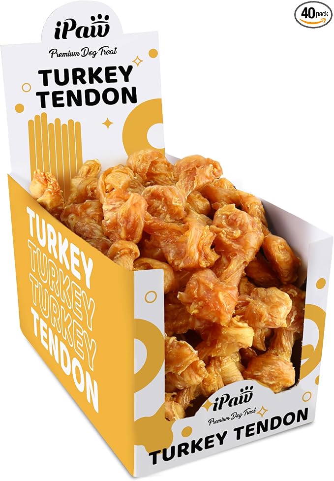 iPaw Turkey Tendon for Dogs 40 Pcs Bulk Pack, Ingredient Sourced from USA, Hypoallergenic, All Natural Human Grade Puppy Chew, Dog Treats for Signature Series, Rawhide Alternative, Bone (Small)