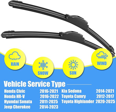 Gavimnal® 26"+18" Silicone Wiper Blades Replacement For Toyota Camry 2012-2017 Highlander 2020-2025 Honda Civic 2016-2021 Jeep Cherokee 2014-2023,All-Season Front Windshield Wiper Blades(Set of 2)