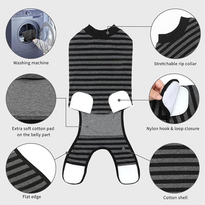 2 Packs Breathable Cotton Dog Recovery Suit for After Neuter Spay Abdominal Wounds Protector, Professional Anti-Licking Onesies for Male Female Pets Surgery Bandages, 2XL Striped Black Grey