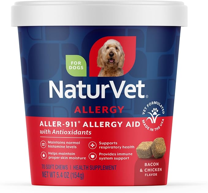 NaturVet Aller-911 Advanced Allergy Aid for Dogs, Cats – Antioxidant-Rich Pet Supplement with Omegas, DHA, EPA – Helps Support Dog Immune System, Cat Respiratory Health, Skin Moisture 70 Soft Chews