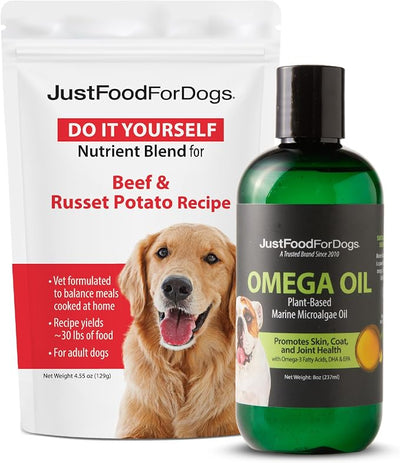 JustFoodForDogs DIY Homemade Beef Dog Food Nutrient Blend and Omega Oil Bundle, Eco-Friendly Algae Oil, Omega-3 Fatty Acids