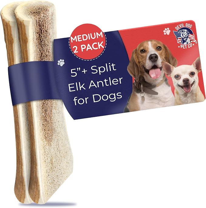 Split Elk Antlers for Dogs, Natural Dog Chew with Exposed Marrow - Long Lasting and Odor Free - USA Sourced - Cleaner Teeth, Anxiety & Boredom Relief - Medium 5"+ 2 Pack