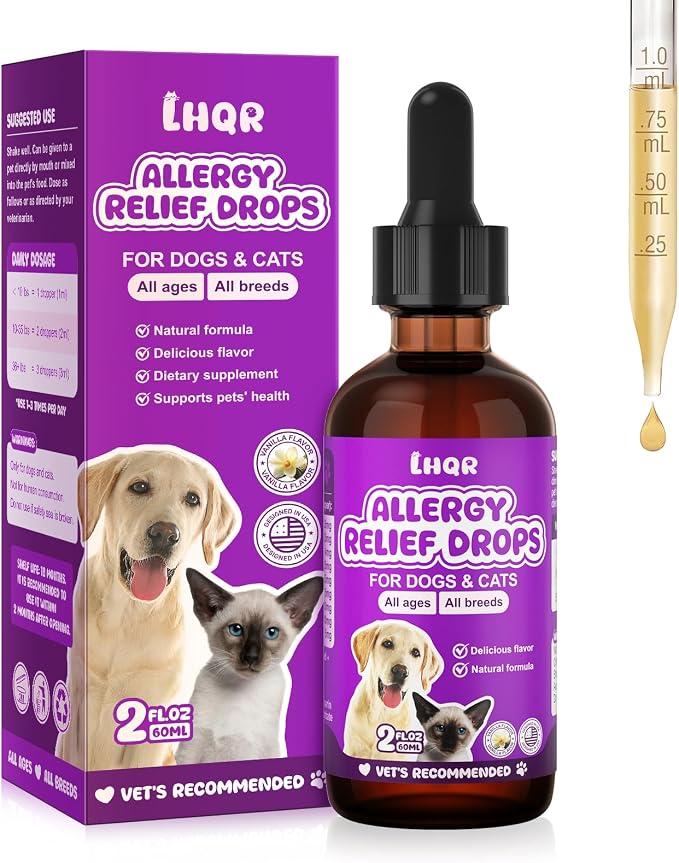 Liquid Dog Allergy Drops for Itchy Skin & Paws, Seasonal Allergies, Allergy Relief Drops for Cats Immune, Digestive Support 60mL Natural Cats & Dog Yeast Infection Relief for All Breeds