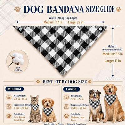 Soft Warm Black and White Plaid Scarf Bandanas for Dogs - Dual Layer Scarf with Button Snap and Soft Cotton Winter Dog Accessories Boy & Girl Pets(Medium)