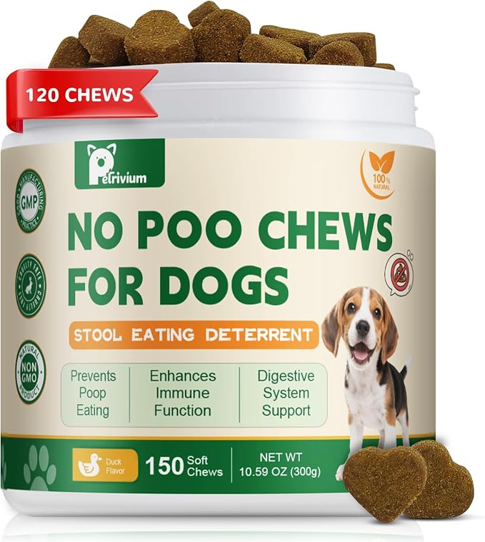 No Poo Chews - Coprophagia Deterrent for Dogs, No Poop Eating Deterrent for Dogs, Stopping Dog from Eating Poop Supplement with Probiotics & Digestive Enzymes, Duck Flavor