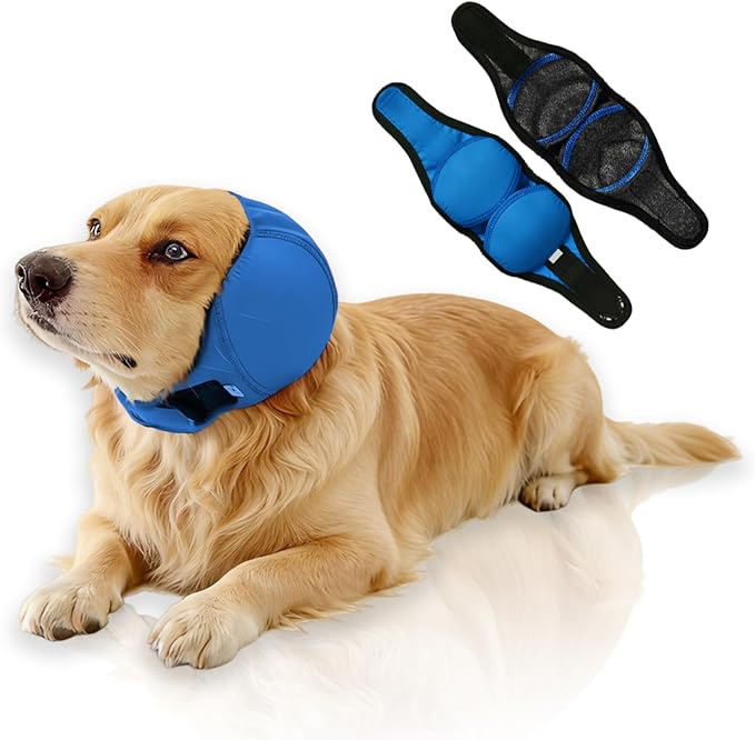 Waterproof Dog Ear Covers for Bathing,Hematoma,Drying,No Shake Ear Wraps for Dogs Ear Muffs Noise Protection Anxiety Relief,Adjustable Dog Calming Hoodie Shower Cap for Grooming(Blue,L)