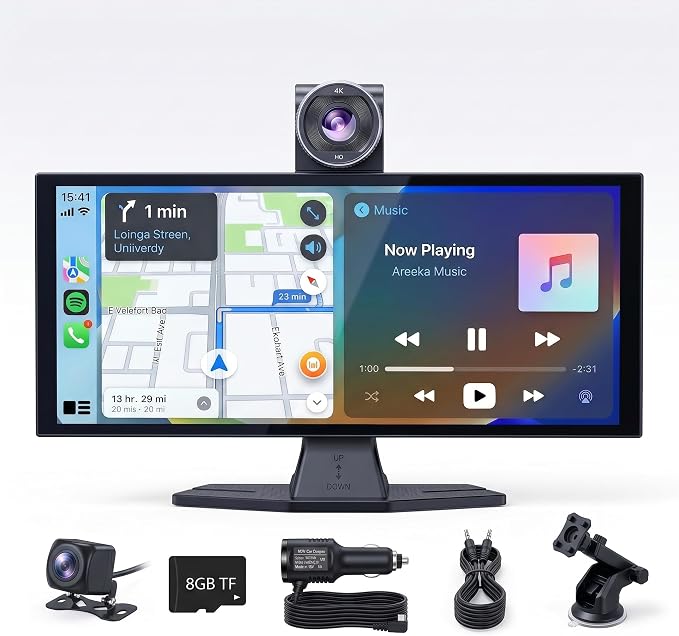 11.26" Carplay Screen for Car,4K Dash Cam,Portable Tablet for Apple Android Auto,Stereo Audio Radio,Rear Backup Camera,Voice Touch Control GPS Navigation,Bluetooth,Wireless Mirror for Truck