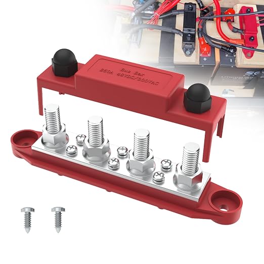 Upgraded Bus Bar 250A 12V Power Distribution Block with 3/8" (M10) 4-Posts Terminals Block with Cover for Automotive, Marine, Battery System (Red)