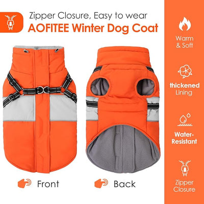 AOFITEE Dog Coat Warm Dog Winter Coat, Waterproof Dogs Jacket with Harness, Dogs Snow Jacket Snowsuit with Zipper & Furry Collar, Reflective Windproof Pet Sweater for Cold Weather, French Bulldog, L