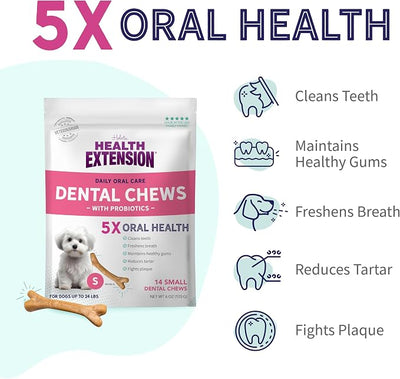 Health Extension Probiotic Dental Bones for Dogs, 14 Small Bones, Cleans Teeth, Healthy Gums, Freshens Breath, Training or Reward, 6 oz Bag (Pack of 2)