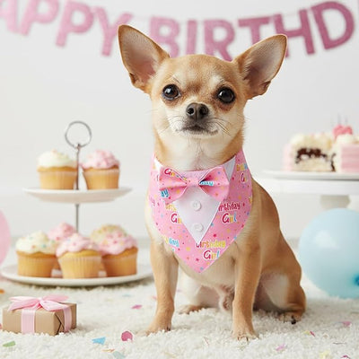 ADOGGYGO Birthday Girl Dog Tuxedo Bandana, Pink Collar with Bow Tie, Adjustable Formal Birthday Costume for Small Dogs (S)