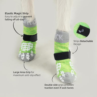 PUPTECK Anti-Slip Dog Socks with Double Sides Grips for Small Medium Large Dogs Hardwood Floors Prevents Licking, Dog Shoes for Hot Pavement Traction Control for Senior Dogs, Fluorescent Green, M