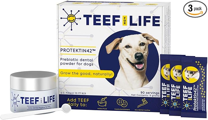 Protektin42 Prebiotic Dog Dental Powder Kit - Tasteless Dog Breath Freshener & Food and/or Water Additive - Daily Dental Care, Plaque & Tartar Support, 90 Servings - 3 Packets