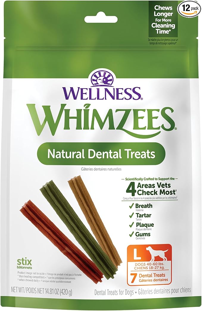 Whimzees Wellness Stix Natural Dog Dental Treat, Chews, Freshens Breath, Large Size Sticks, 14.81 oz Bag, 7 Count