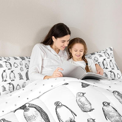 Erosebridal Penguin Comforter Set Full Size, Antarctic Animal Down Comforter for Kids Boys Girls Children, Winter Theme Duvet Insert Penguin Sketch Quilted Duvet Bed Decorative, Grey White