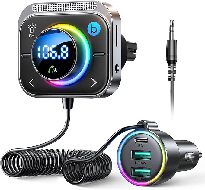 96W FM Transmitter Bluetooth 6.0 Car Adapter Aux with 3 Charging Ports【PD 60W & 2 * 18W】【Air Vent Installation for Safe】 Deep HiFi Bass Player Wireless Radio Fun Car Accessories Gift Set