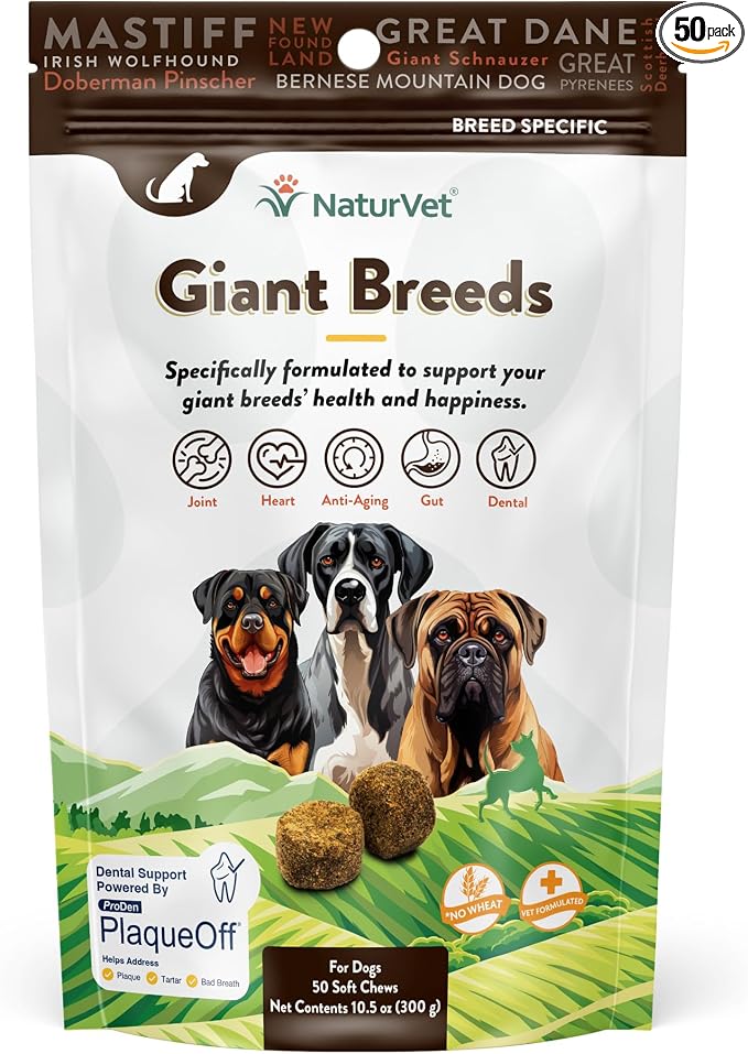 Giant Breeds Supplement- for Joint Support, Digestion, Skin, Coat Care- Dog Multivitamins with Minerals, Omega-3, PlaqueOff- Wheat-Free Vitamins for Dogs- Giant Breeds- 50 Soft Chews