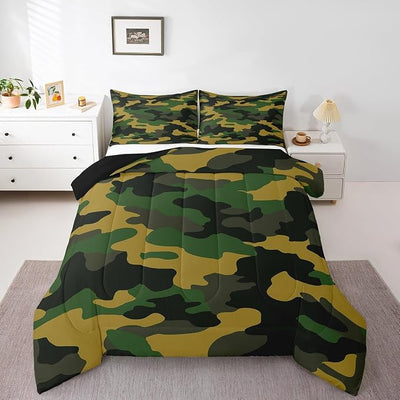 Camouflage Comforter Set Queen Size, Kids Teens Camo Clothing Down Comforter, Army Lightweight Bedding Comforters for Boys Adult Men Bedroom, Vintage Style Quilted Duvet with 2 Pillow Cases