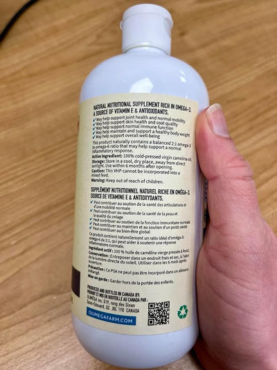 Camelina Oil for Dogs & Cats, 500mL by Olimega Farm | High in Omega-3 & Vitamin E | Support for Healthy Joints, Coat & Skin | Alternative to Salmon Oil for Dogs | Made in Canada | Non-GMO