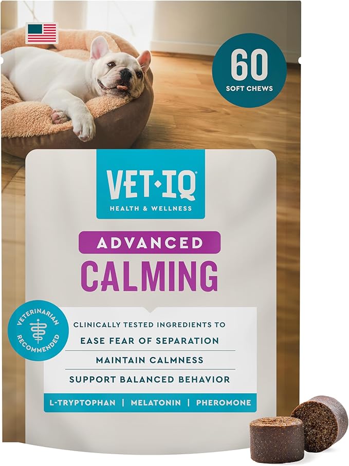 VetIQ Advanced Calming Support Supplement for Dogs, Dog Calming Chews - Anxiety Relief Treats Stress and Promote Relaxation, Made in the USA, 60 Count