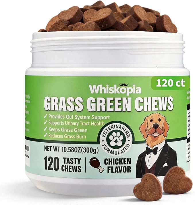 Grass Burn Spot Chews for Dogs, Dog Pee Lawn Spot Saver Caused by Dog Urine, Green Grass Chews with Gut Health Probiotics, DL-Methionine and Cranberry, Urine Neutralizer for Lawn - 120 Ct