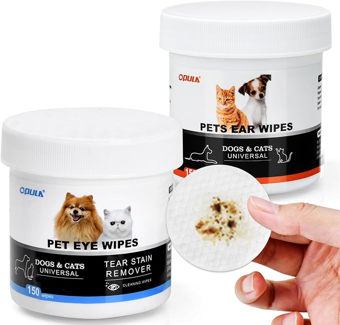 OPULA Pet Eye and Ear Wipes, 150 Count Pet Eye Wpes + 150 Count Pet Ear Wipes.Pet Tear Stain Remover Wipes | Wrinkle, Face, Eye Cleaner Pads to Gently Remove Discharge, Crust